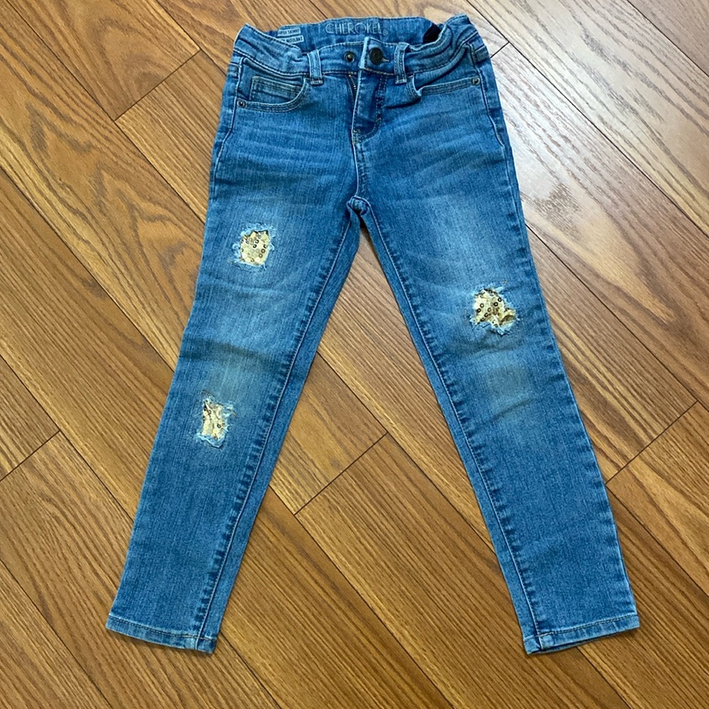 Cherokee girls super skinny blue denim patched jeans pants size 6